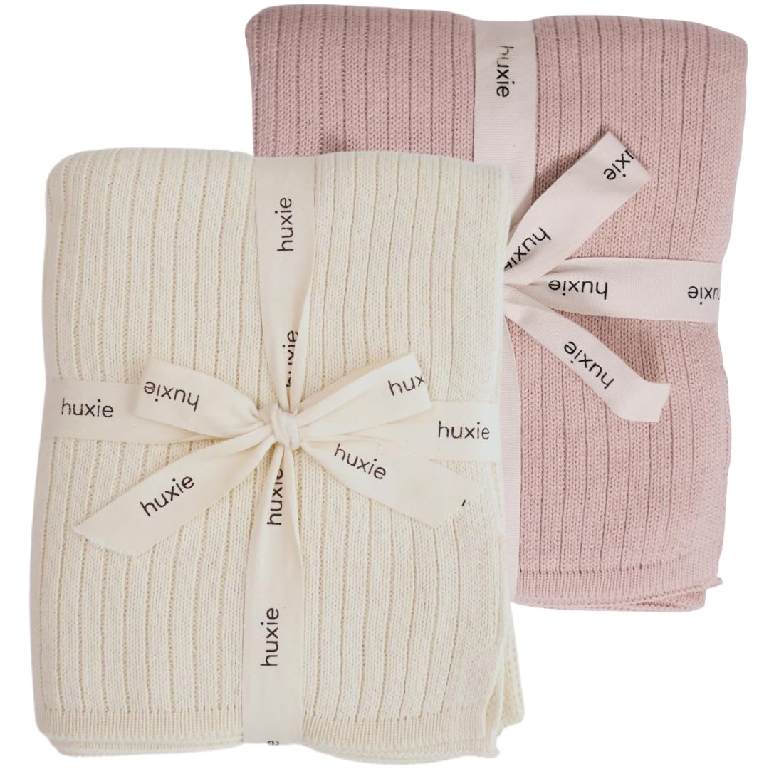 Huxie knitted baby blanket soft white front view showcases ultra-soft organic cotton touch.
