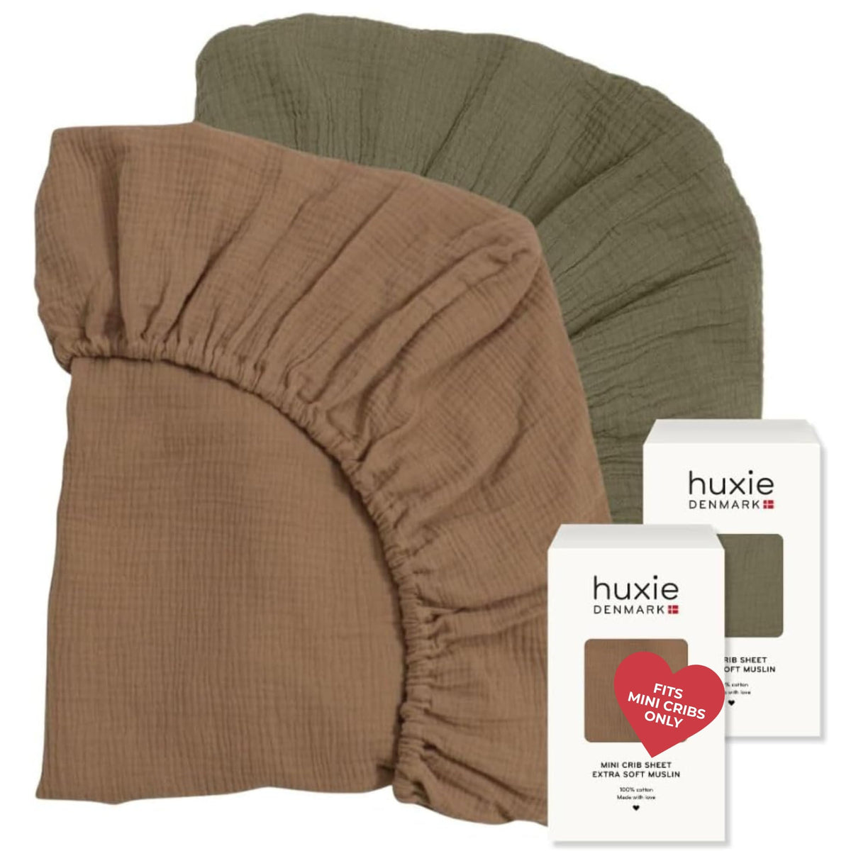 Huxie mini crib sheet in sage green shows soft organic cotton texture for comfort.