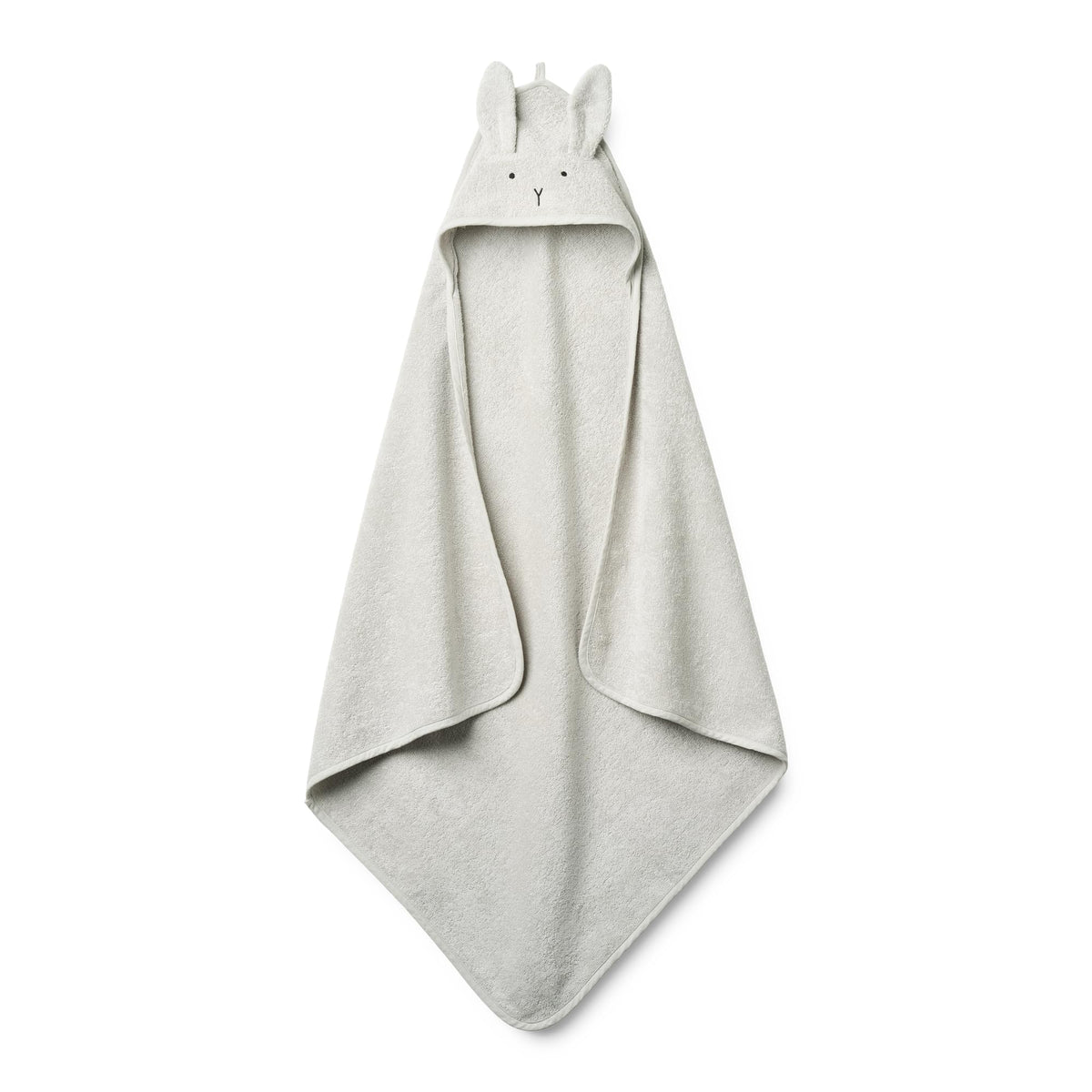 Huxie Rabbit Pearl Grey hooded towel front view, cozy organic cotton warmth for baby