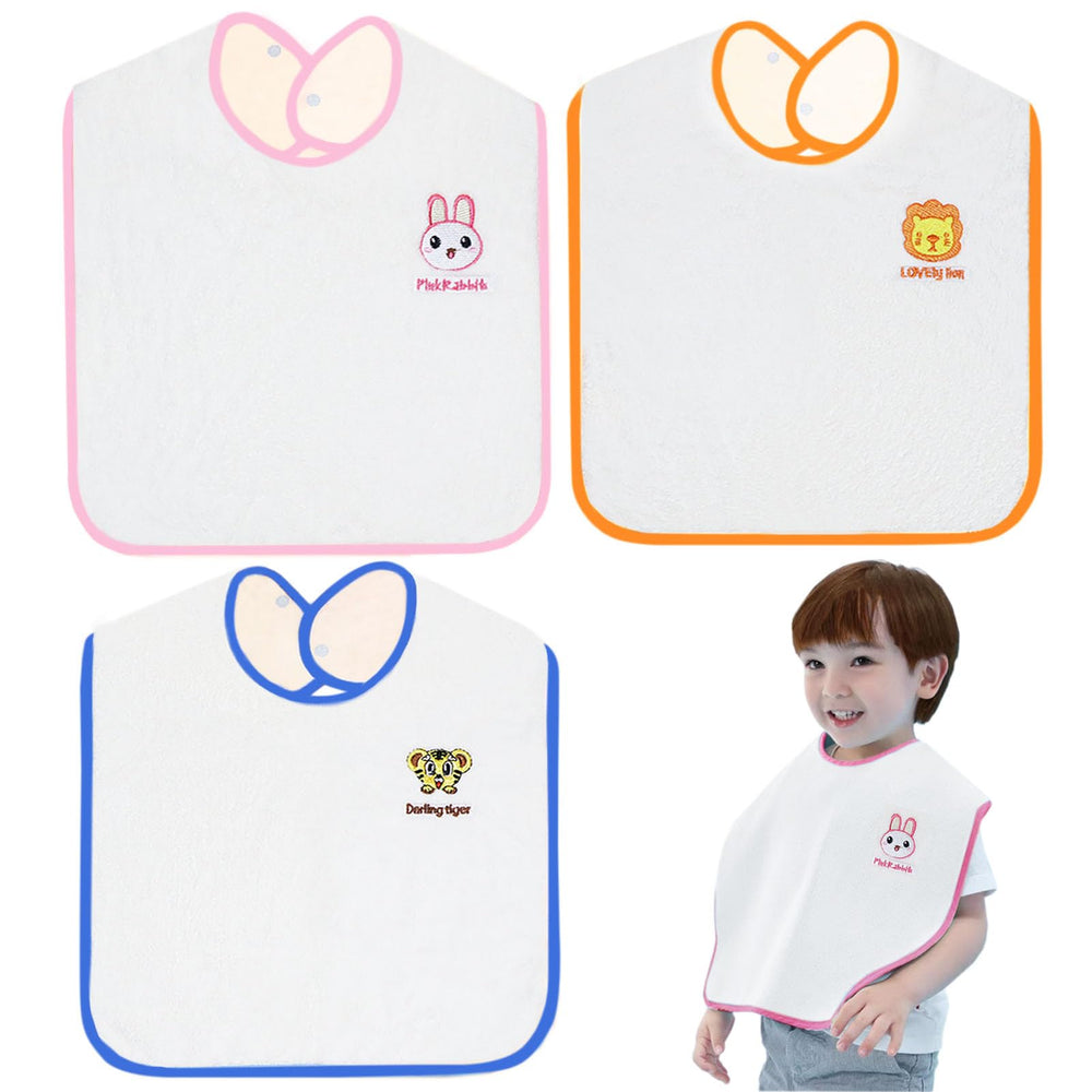 Hwieccogts 3-pack large bibs provide full-mealtime coverage for toddlers.