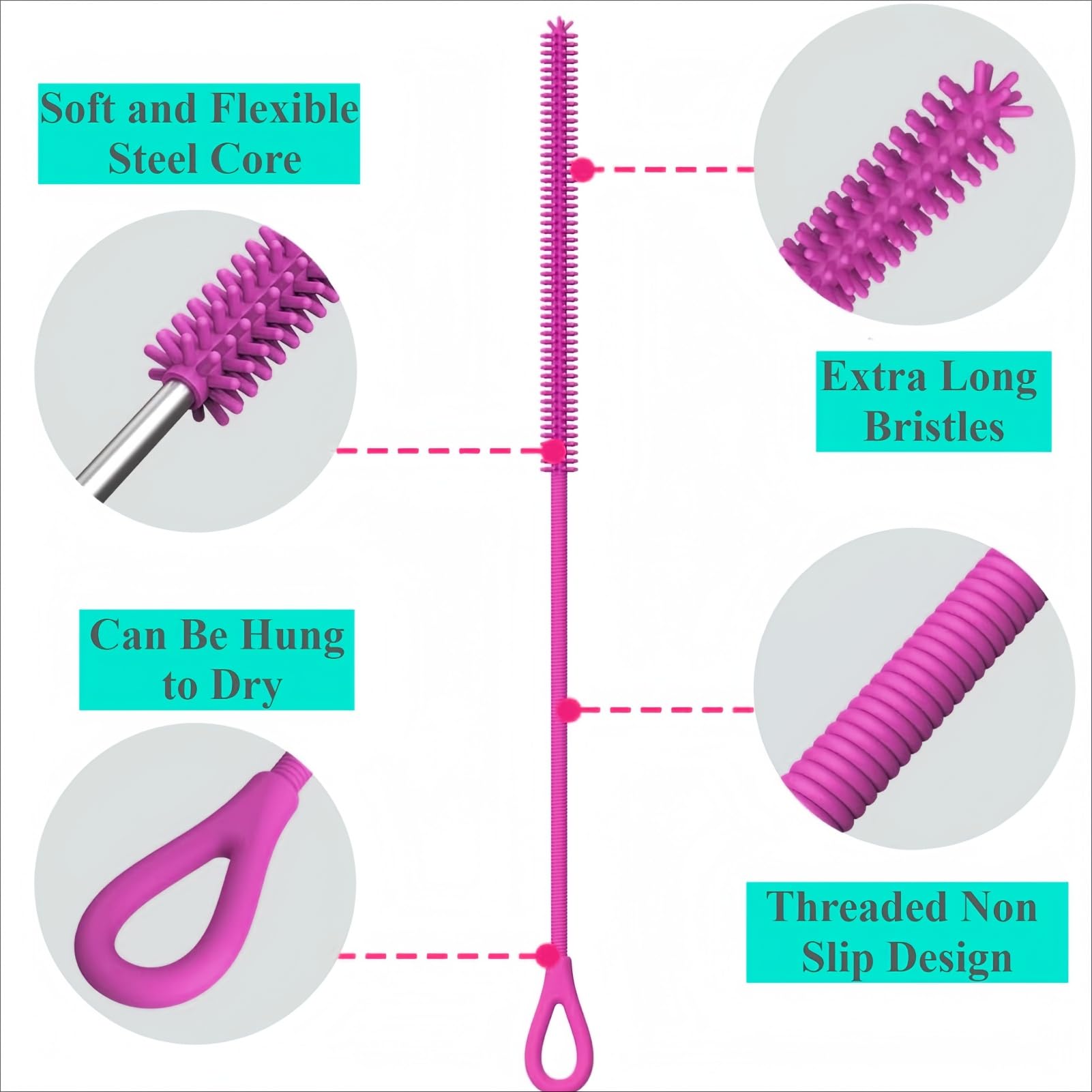 HXHKH pink silicone straw cleaner with 9mm tip for wide openings