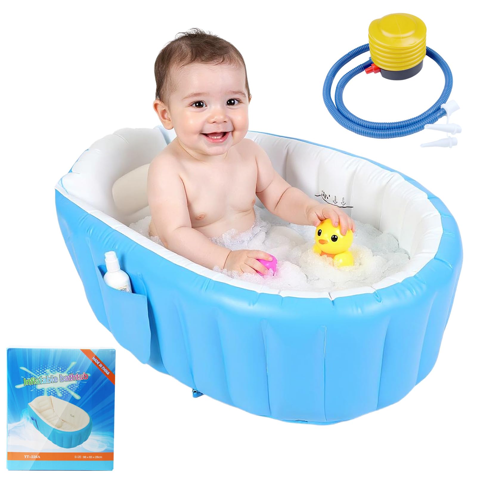 HyAdierTech inflatable baby bathtub folded for travel and storage.