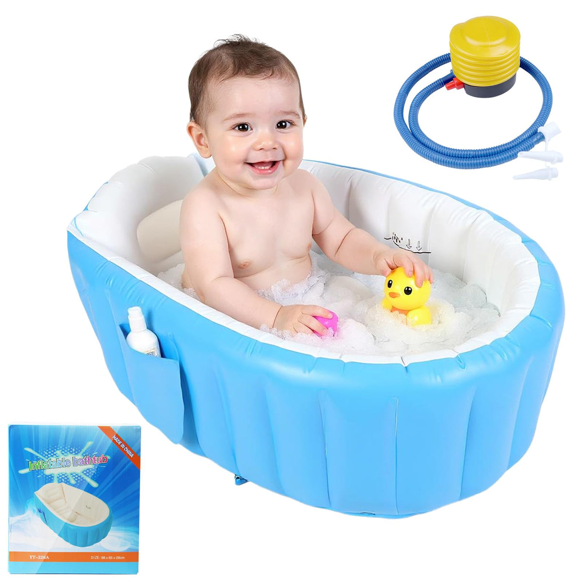 HyAdierTech inflatable baby bathtub folded for travel and storage.