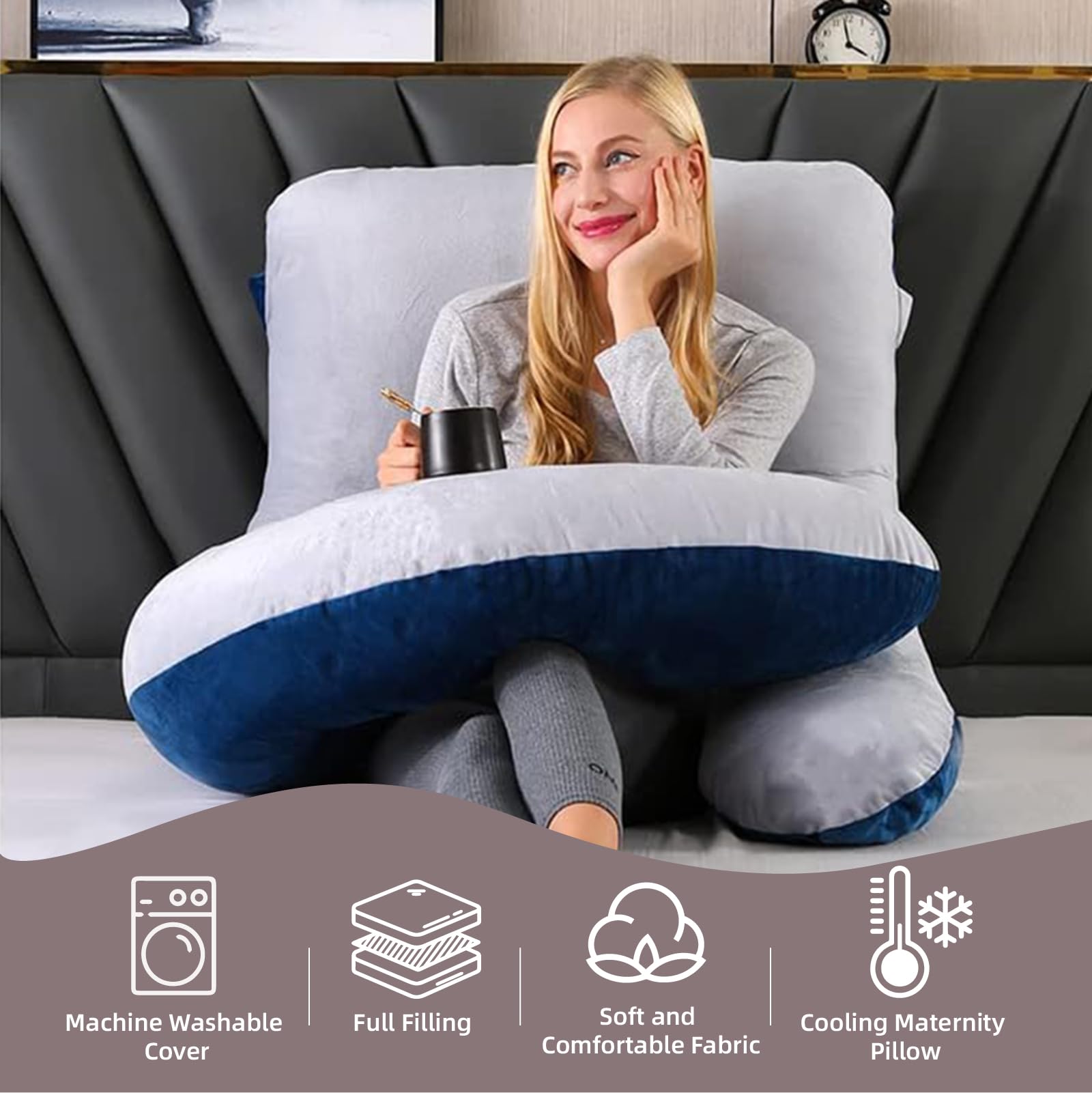 HychYAYA pillow shown in bed as multipurpose maternity support for reading or feeding.
