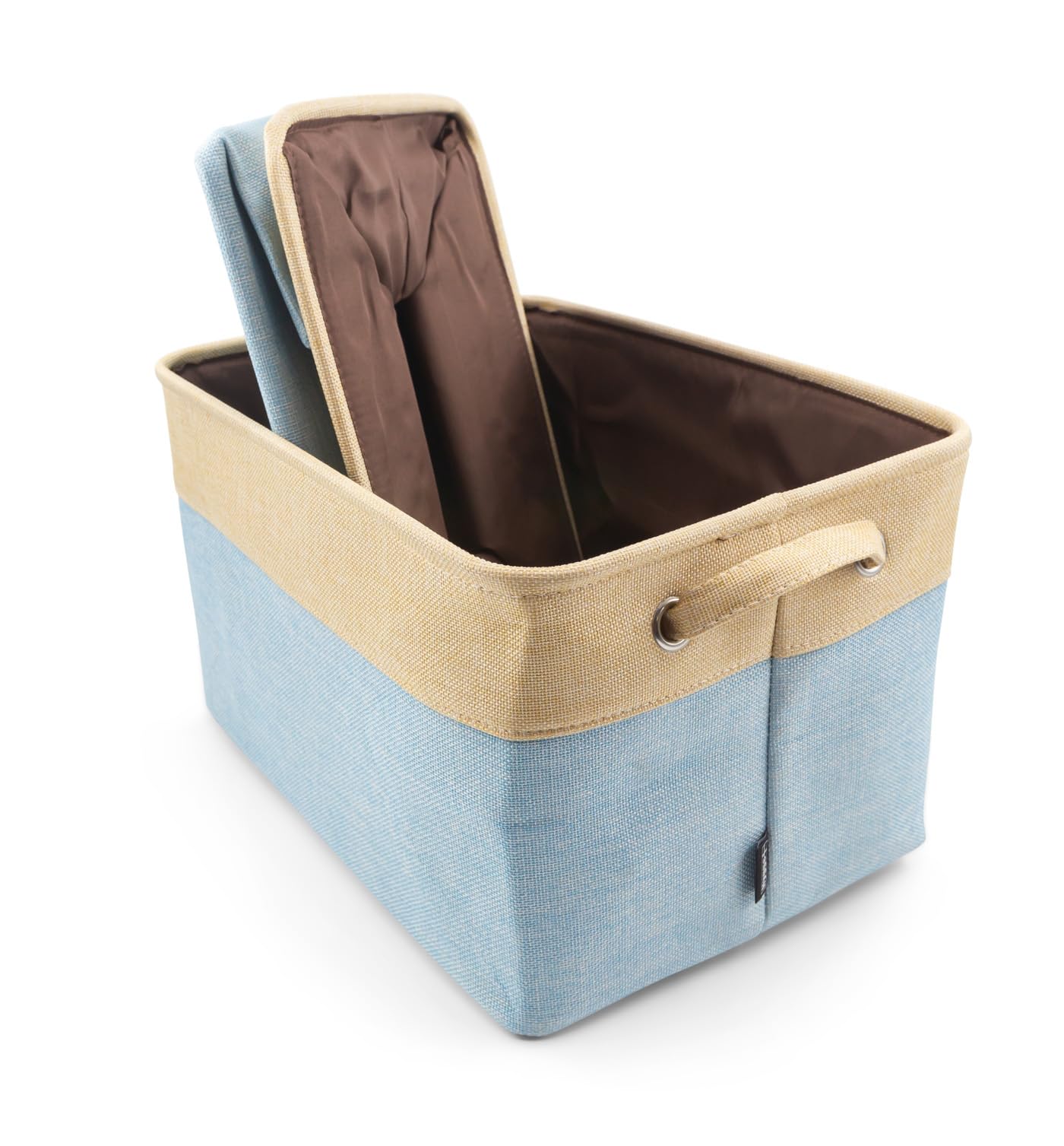 Hygge Plus linen storage bin 2-pack in cream-lt blue, ideal for quick closet storage and toy organization.
