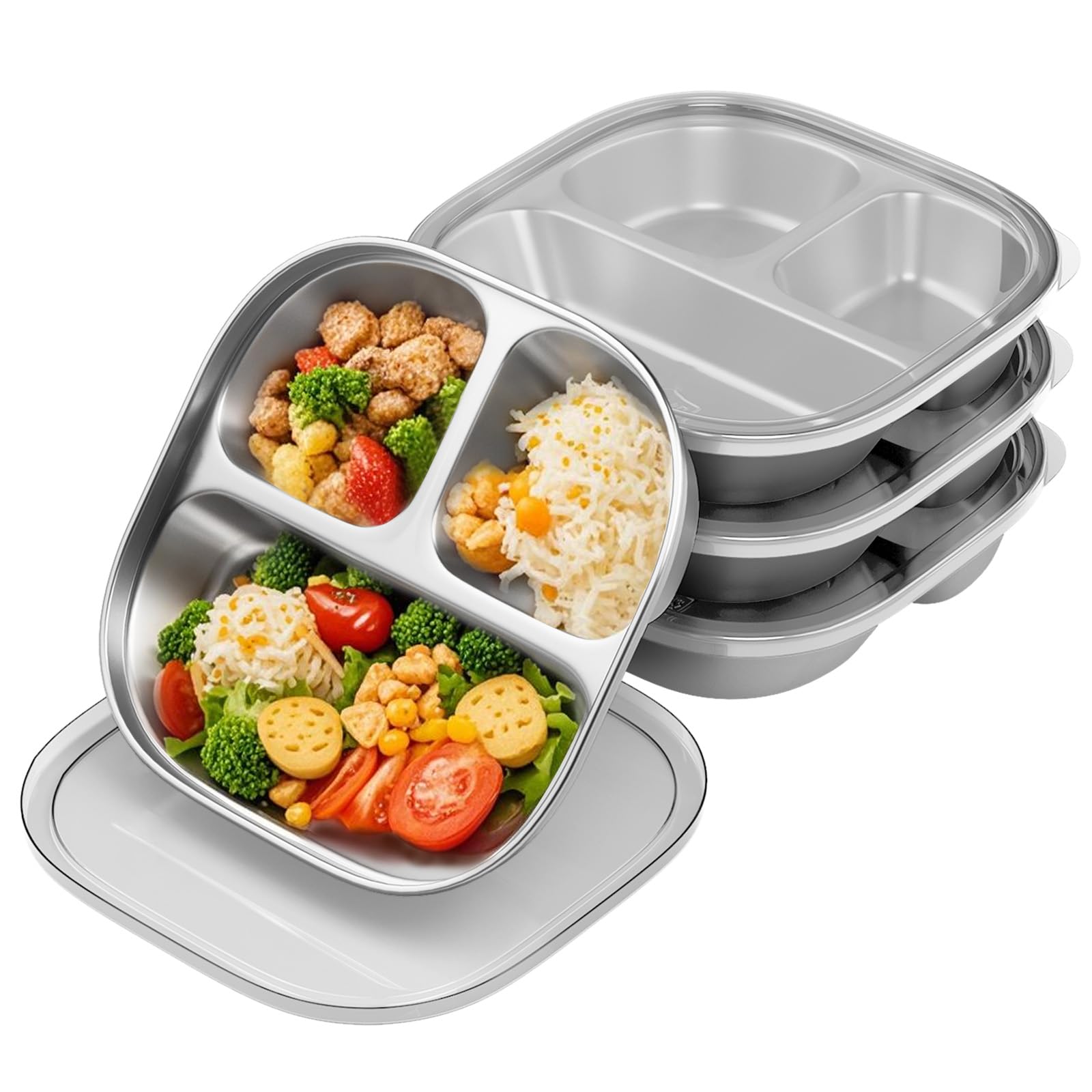 Hyperzacc stainless steel kids plates with lids show a 3-compartment layout for balanced meals.