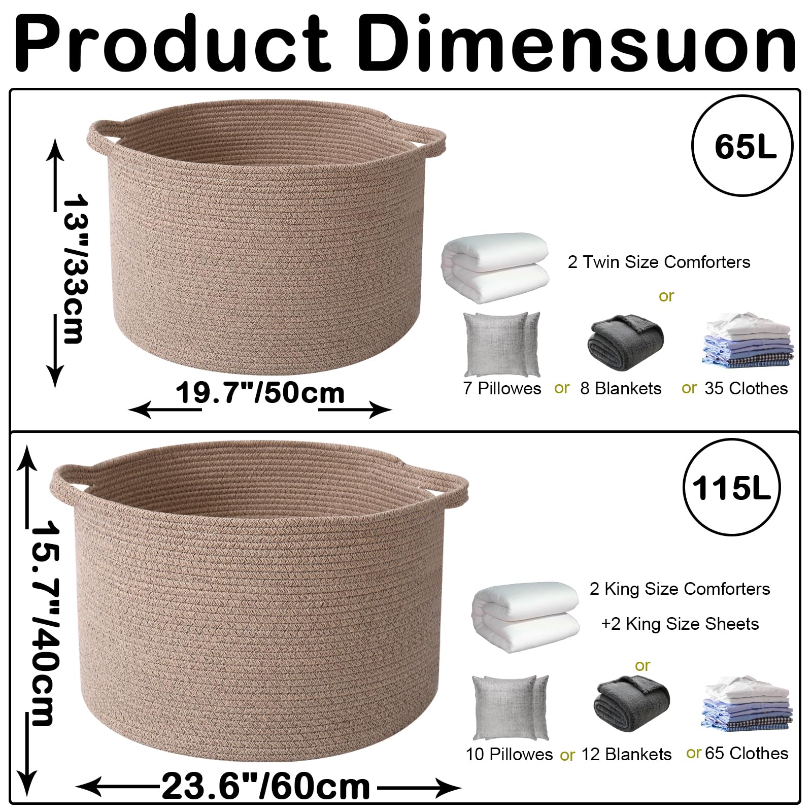 HZFTJOY 65L cotton rope basket stores blankets and towels neatly.