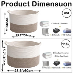 HZFTJOY 65L cotton rope basket keeps blankets neatly organized and supported.