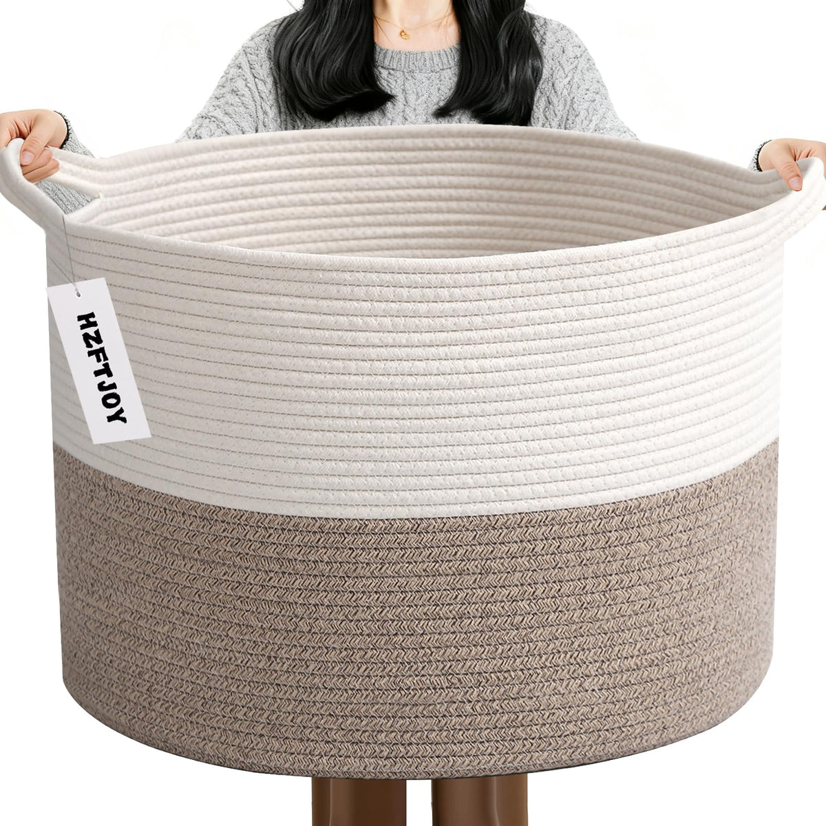 HZFTJOY large basket with handle for blanket storage and easy transport.