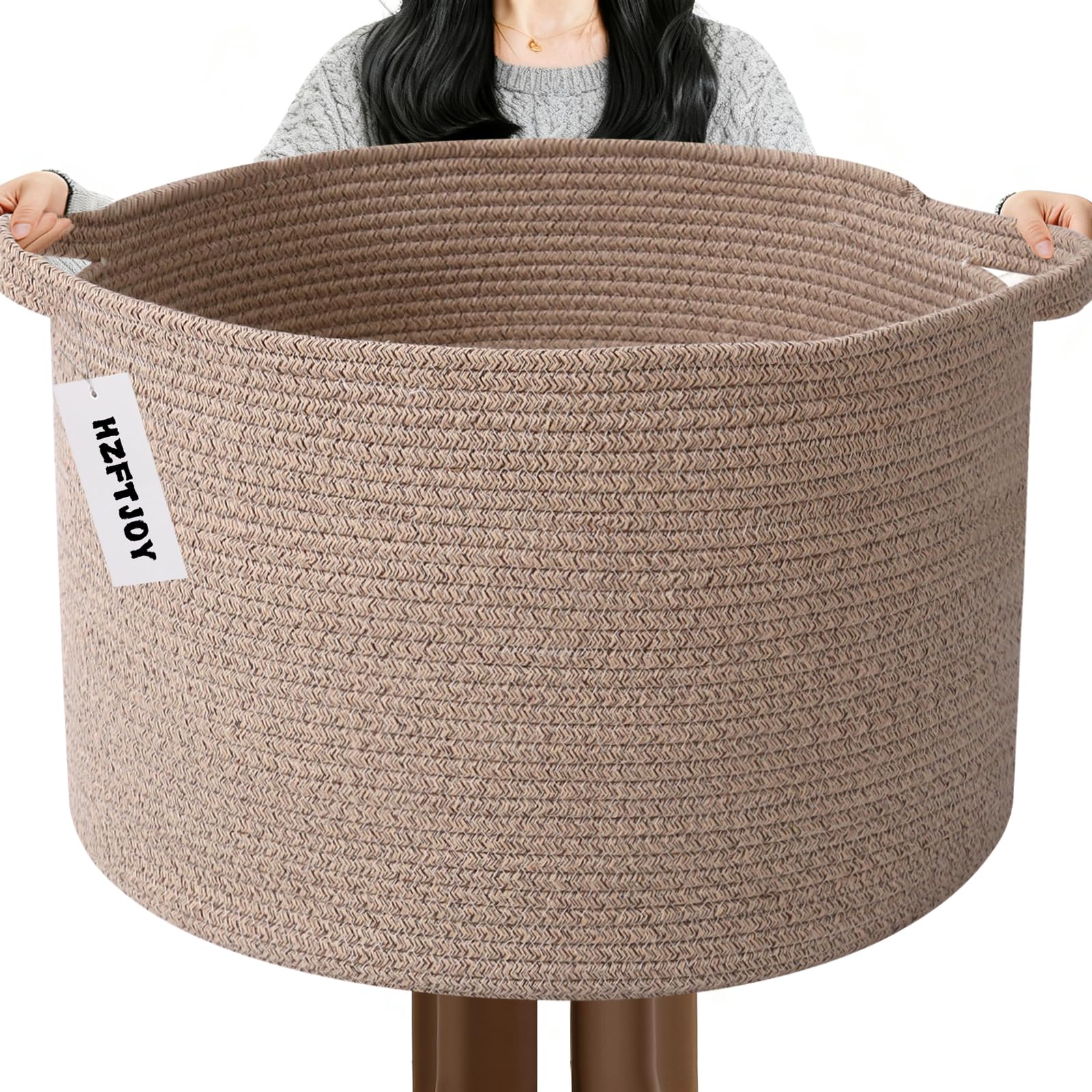 HZFTJOY large blanket basket with handles for easy access.
