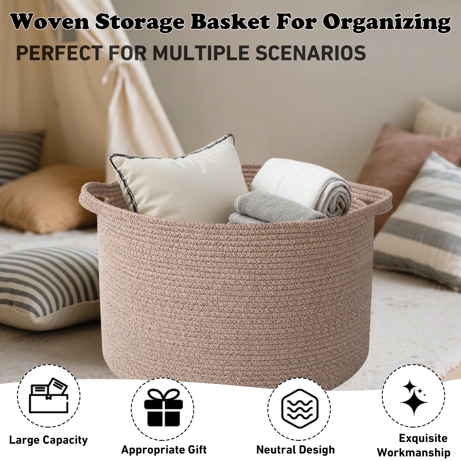 HZFTJOY multi-purpose basket holds pillows, clothes, and more.
