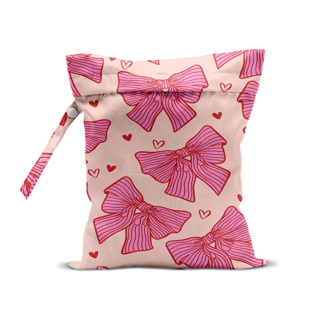 HZMLYDJ Pink Bow Wet Bag front view, lightweight travel organizer for wet swimsuits.