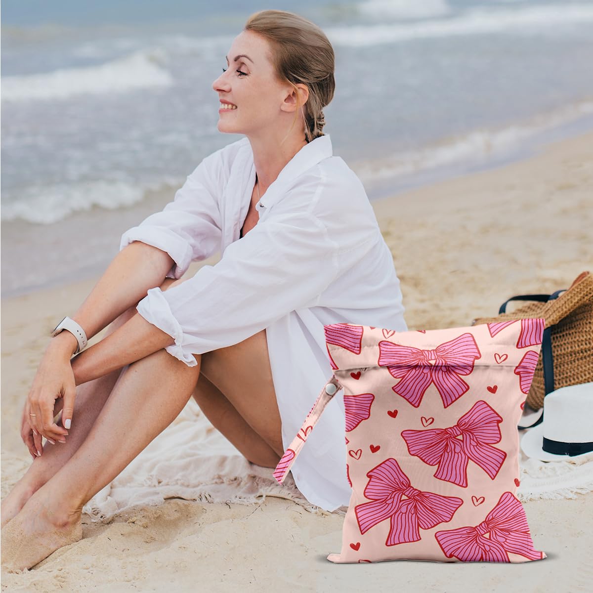 HZMLYDJ Pink Bow Wet Bag with snap handle, easy attachment.
