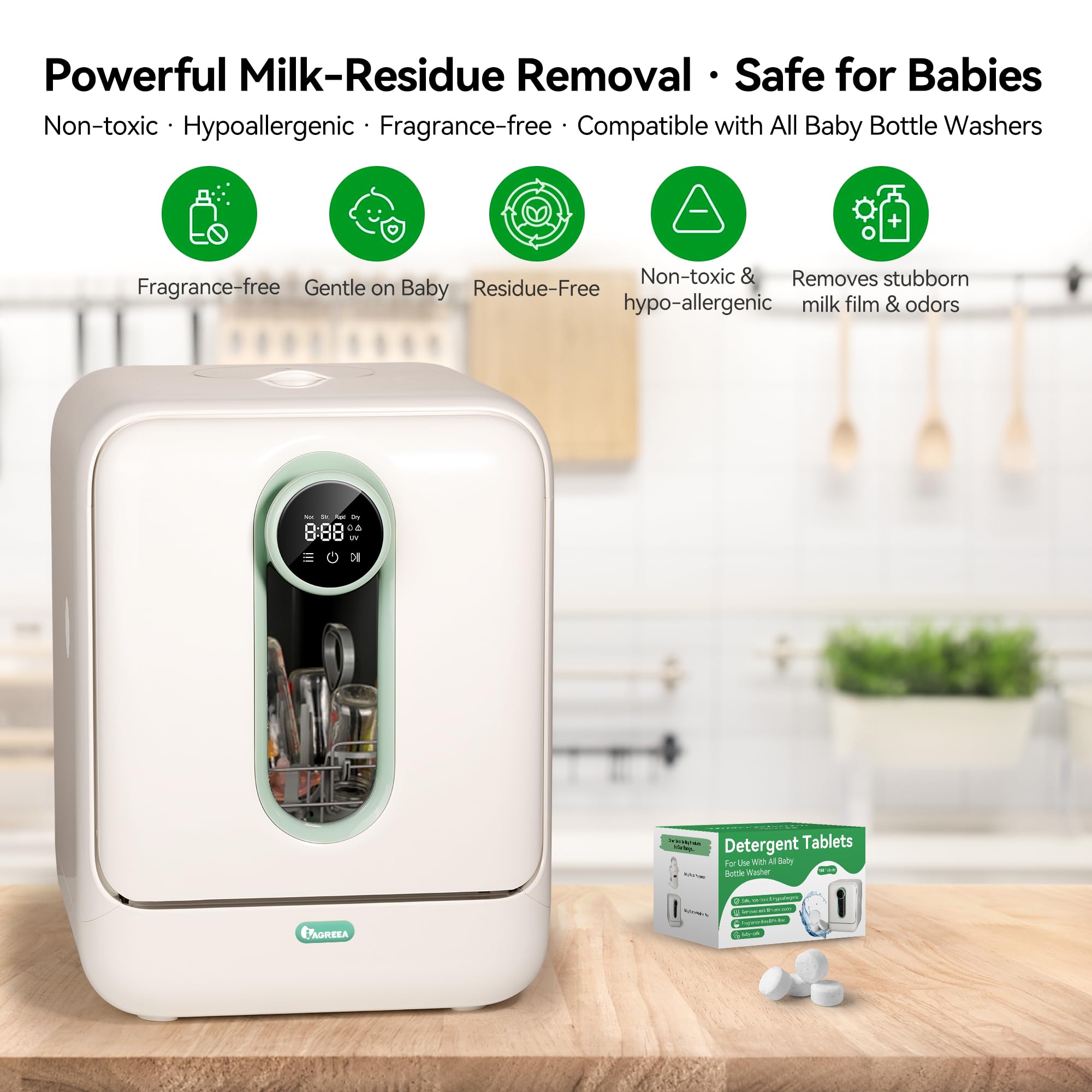 IAGREEA enzyme-cleaning-action highlights deep cleaning of milk residues in bottles.