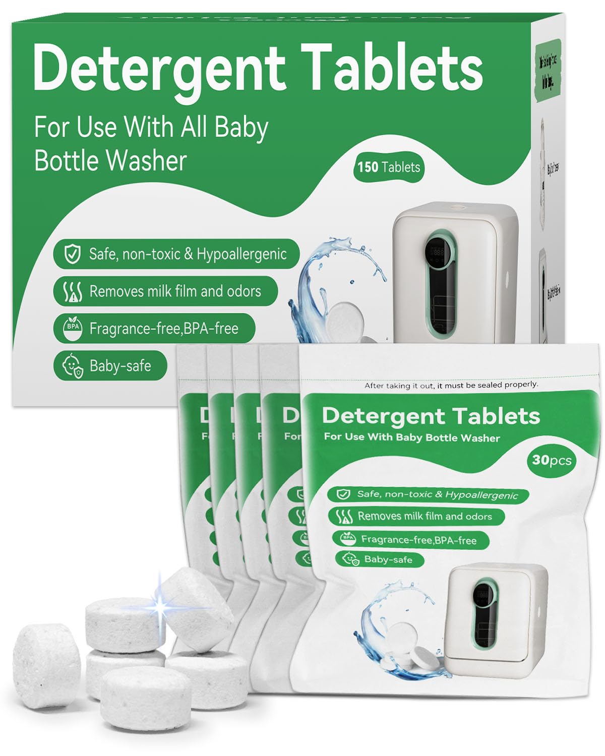 IAGREEA bottle-washer tablet packaging shows a 150-count supply for easy refilling.