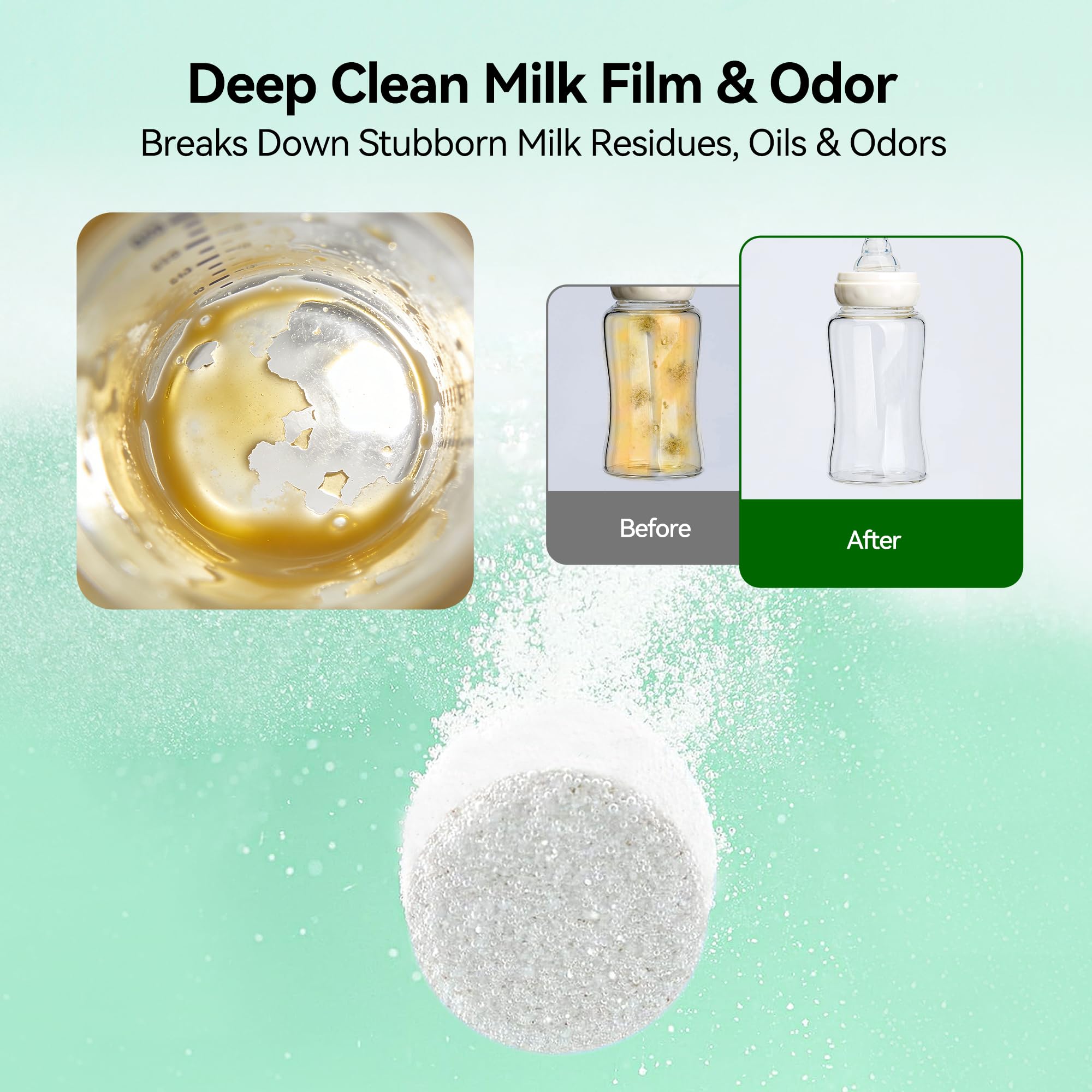 IAGREEA milk-residue-removal tablet delivers spotless bottle parts after washing.