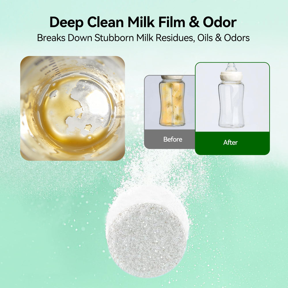 IAGREEA milk-residue-removal tablet delivers spotless bottle parts after washing.