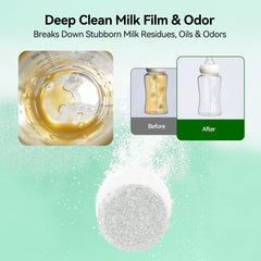 IAGREEA milk-residue-removal tablet delivers spotless bottle parts after washing.