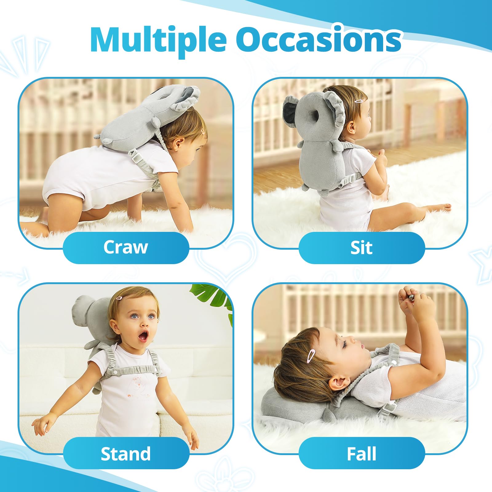 Ianul Koala head protector backpack side view left with adjustable straps.