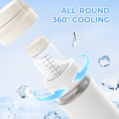 Iarha cooler with dual bottles inside for separate pumping sessions.