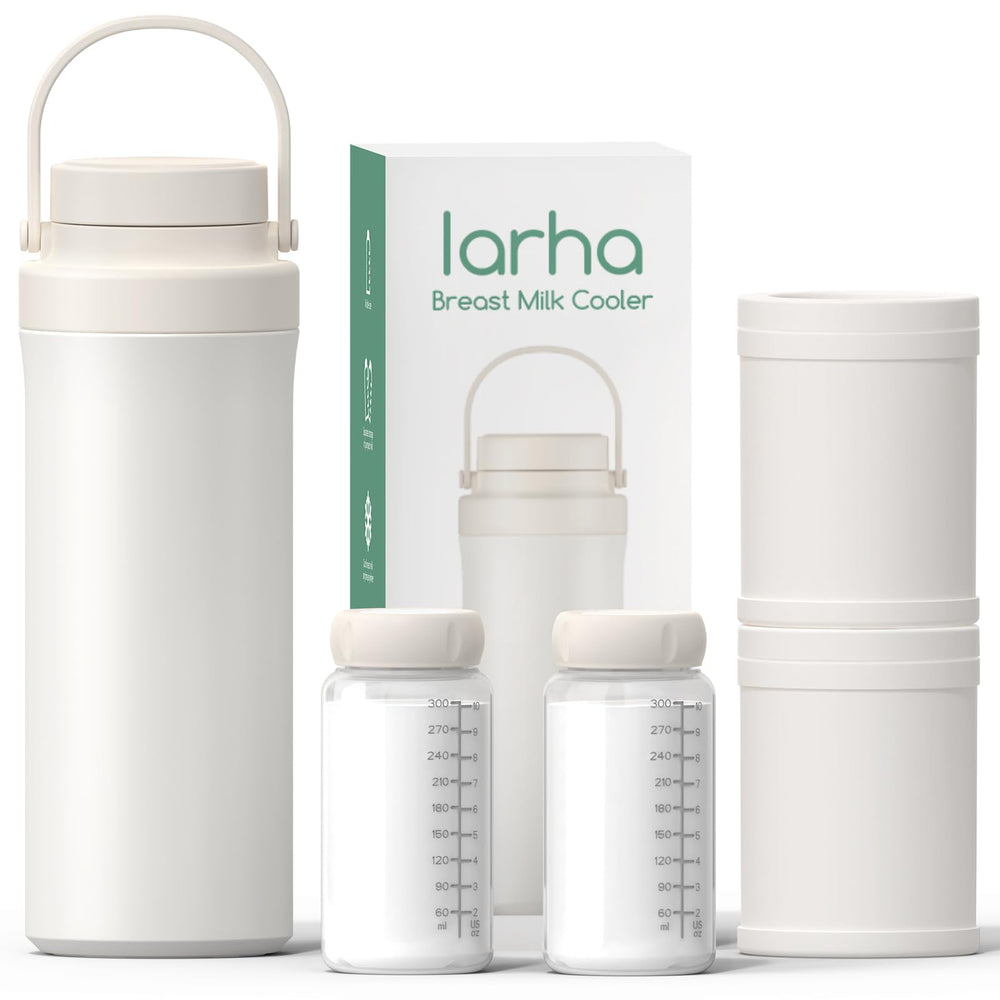 Iarha portable breastmilk cooler with beige case, 22oz capacity, compact travel-ready.