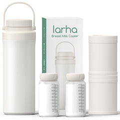 Iarha portable breastmilk cooler with beige case, 22oz capacity, compact travel-ready.