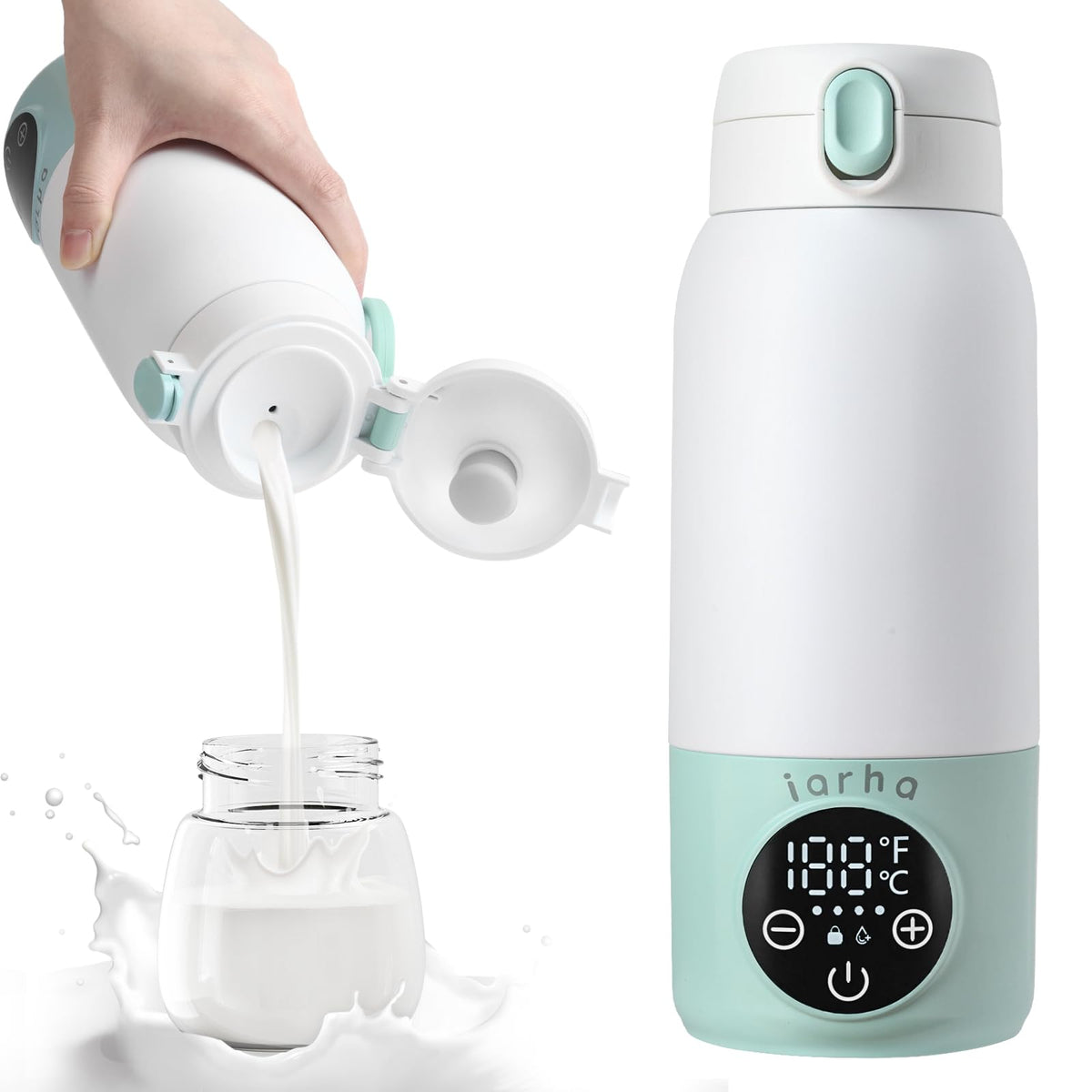 Iarha portable milk warmer with LCD display shows temperature for precise feeds.