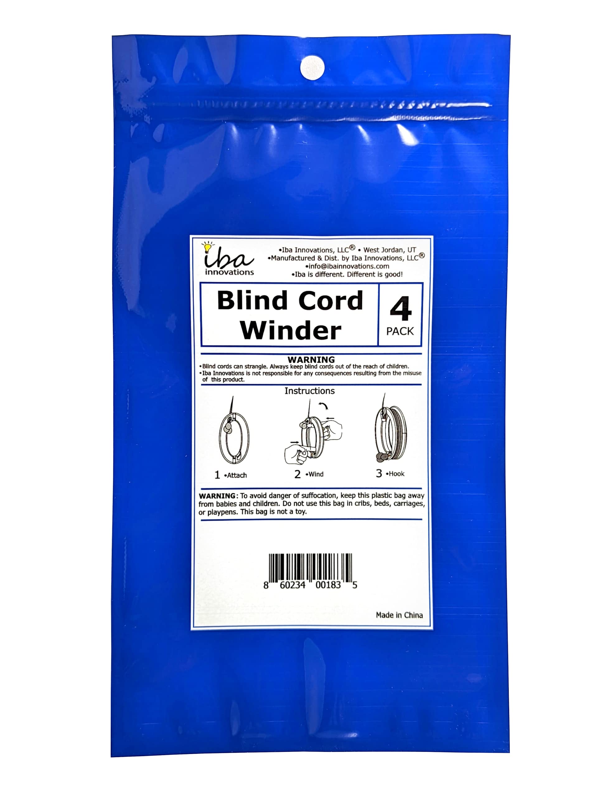 Iba Innovations Blind Cord Winder attached to a window blind shows tidy cords.