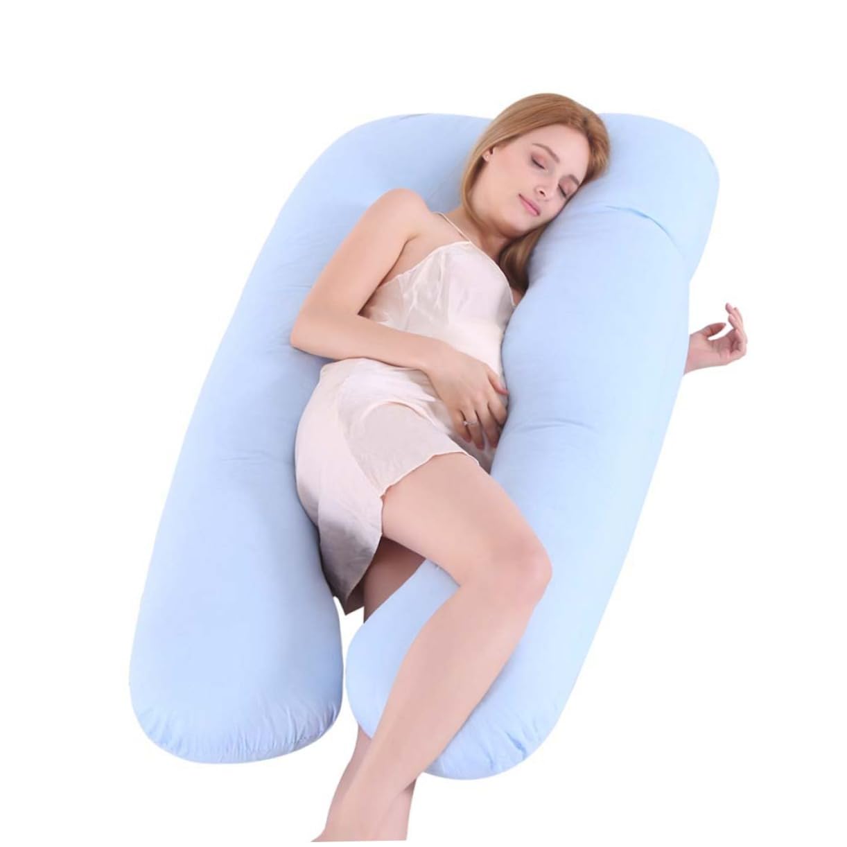 ibasenice U-shape pregnancy pillow case in sky blue with a secure zipper for easy cleaning