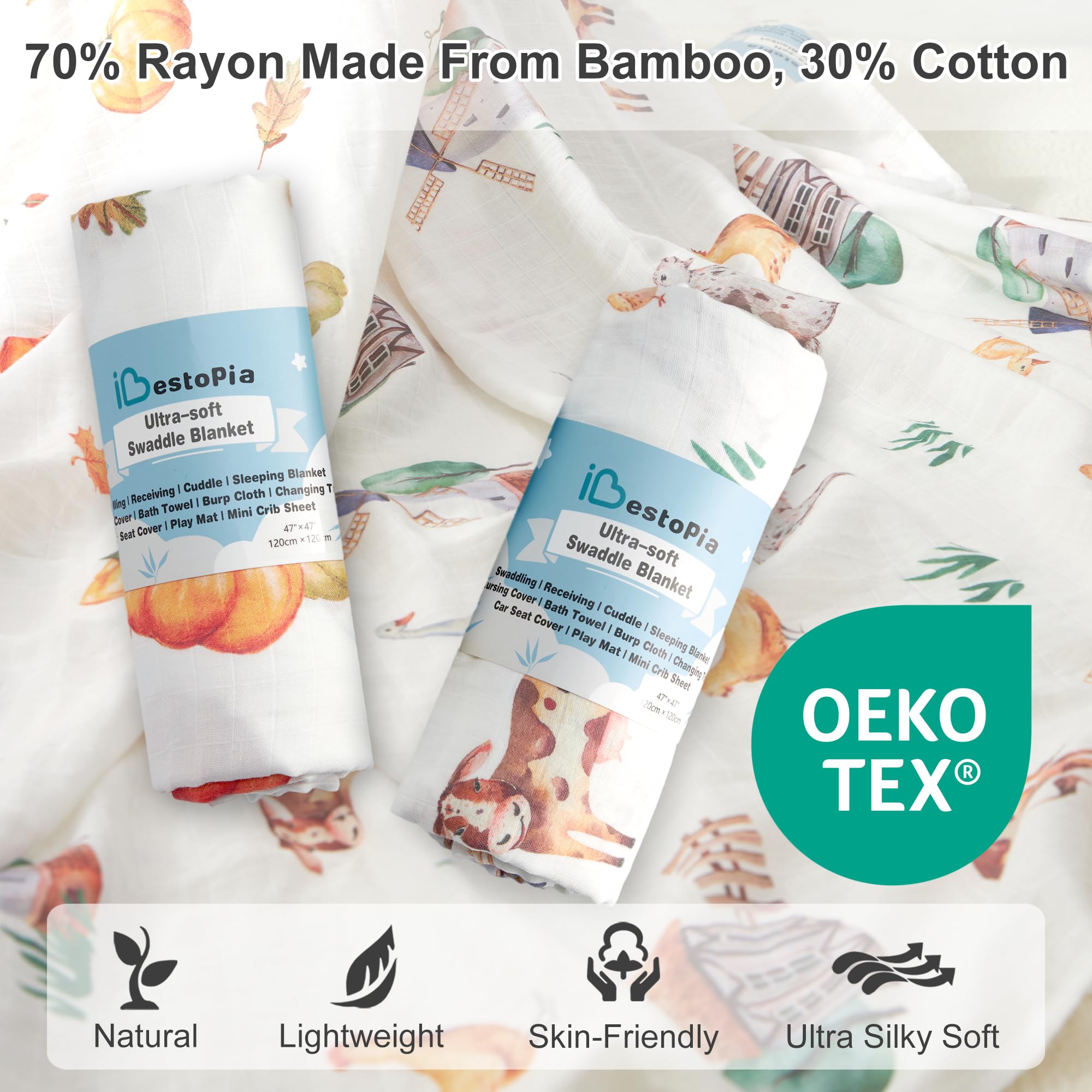 IBESTOPIA 47x47 muslin swaddle blanket shows versatile size for multiple uses