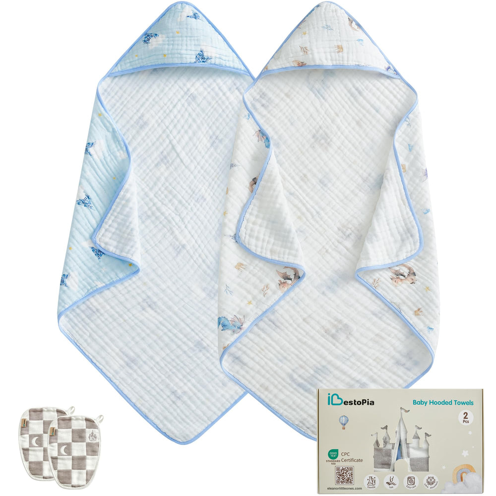 IBESTOPIA baby hooded towel with blue castle print for gentle post-bath warmth.