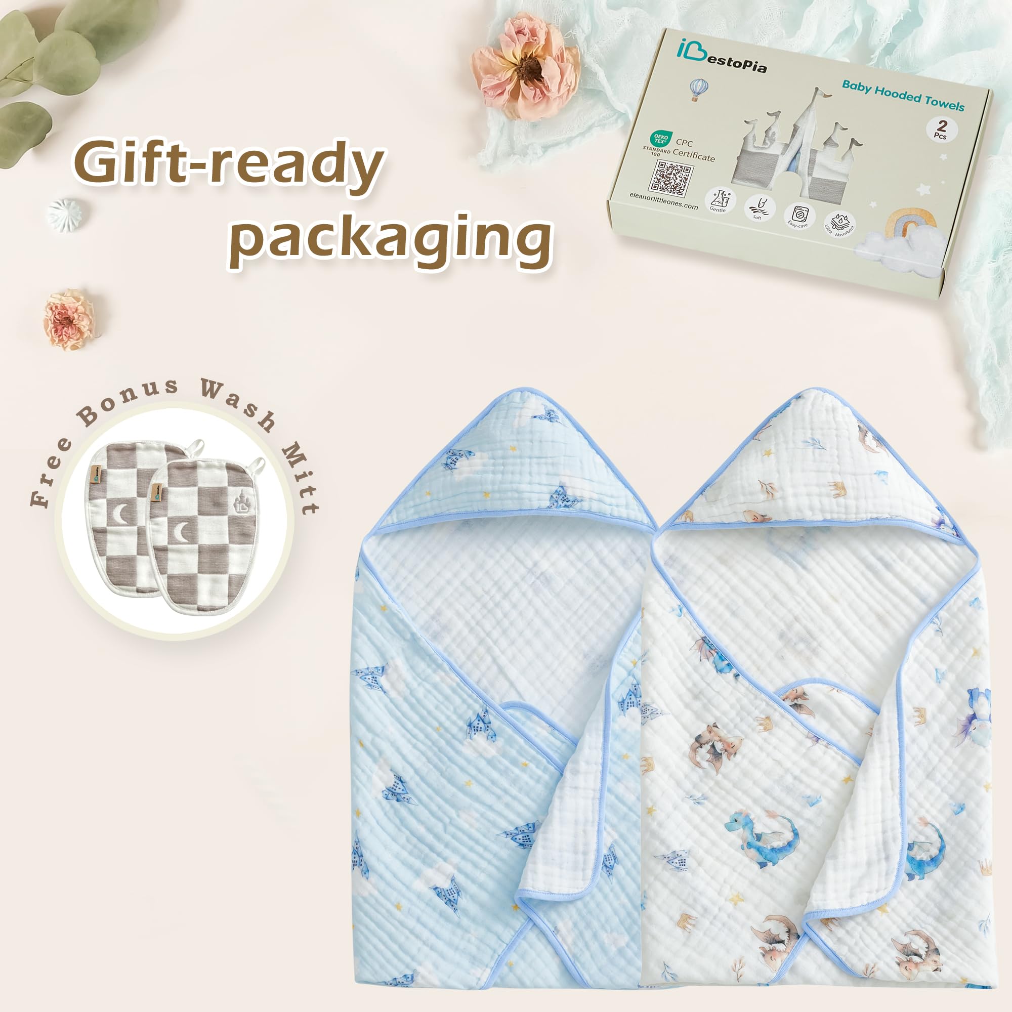 IBESTOPIA 32x32 towel size provides ample newborn and toddler coverage.