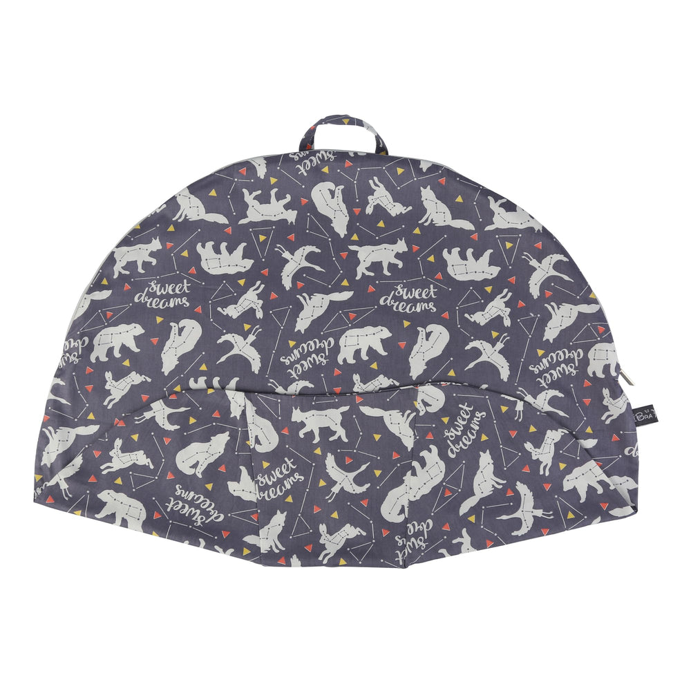 IBraFashion newborn lounger cover gray zodiac print complements nursery decor.