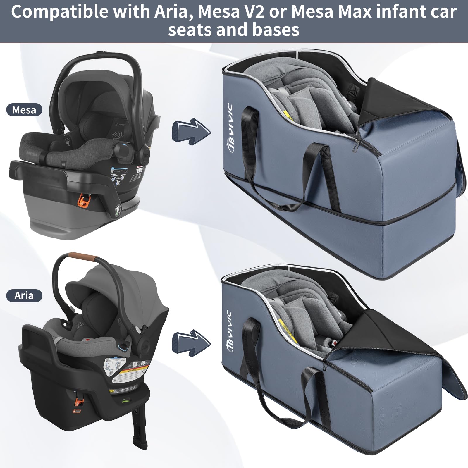 Open zipper view for easy placement of car seat in IBVIVIC bag