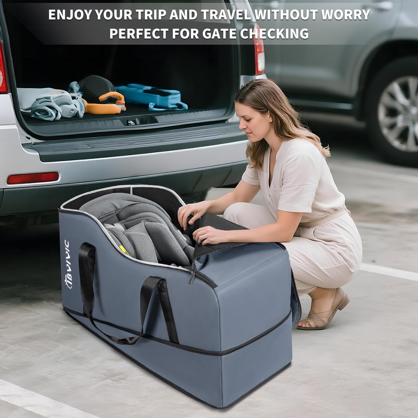 IBVIVIC travel bag used for plane, train, and car travel with infant seat