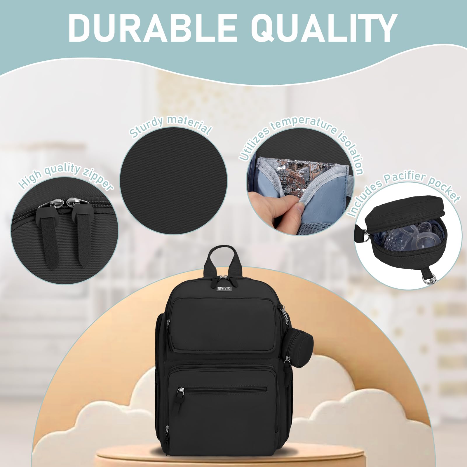 IBVIVIC diaper bag's multiple external pockets simplify quick access.