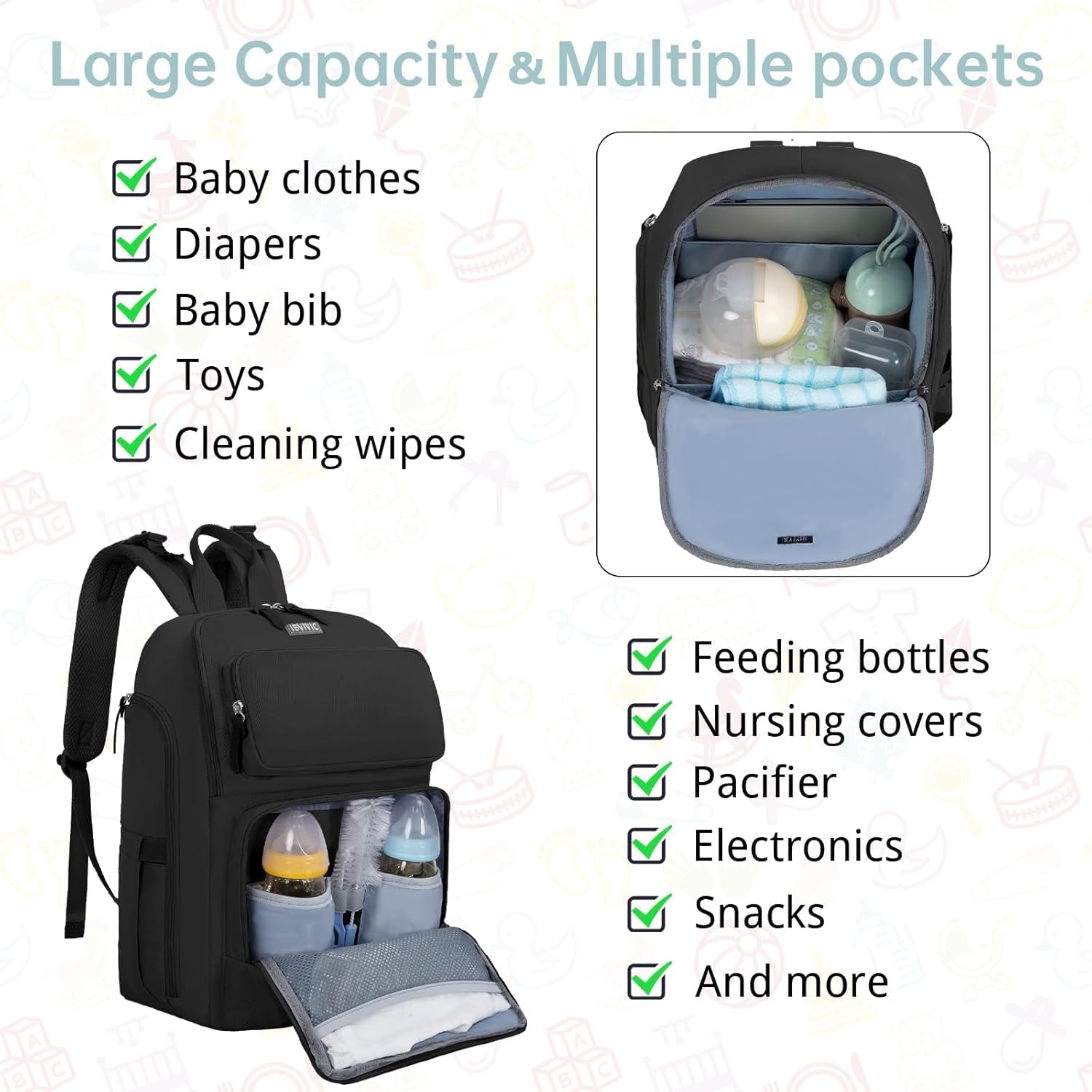 IBVIVIC diaper bag with stroller straps supports hands-free outings.