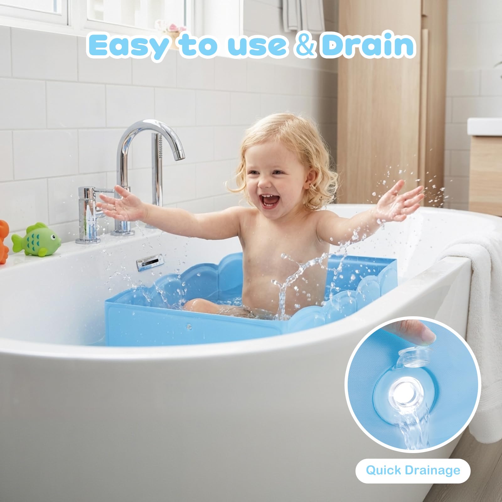 ICECTR collapsible baby bathtub easy-clean surface makes maintenance quick after baths.