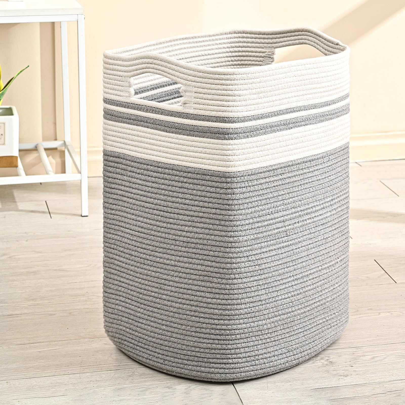 ICERZCZ cotton rope laundry hamper in white and grey with natural texture