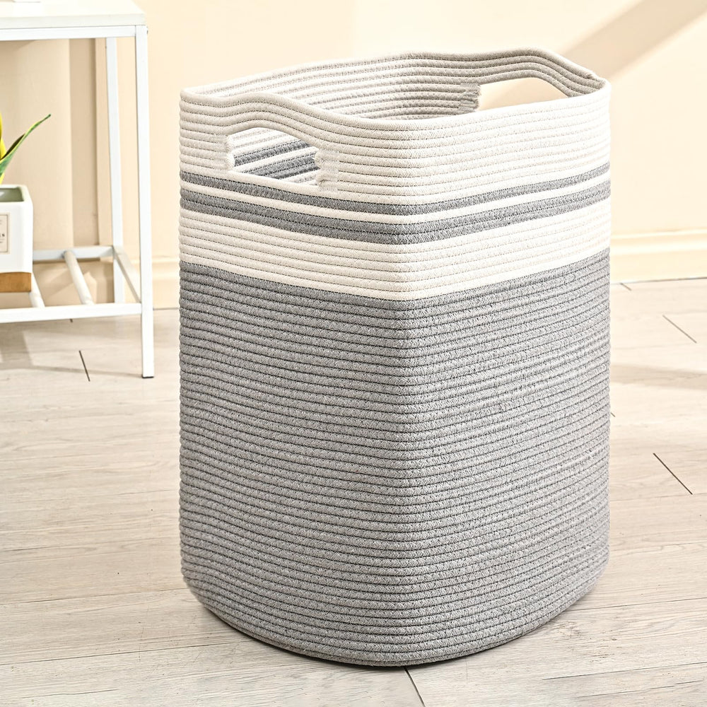 ICERZCZ cotton rope laundry hamper in white and grey with natural texture