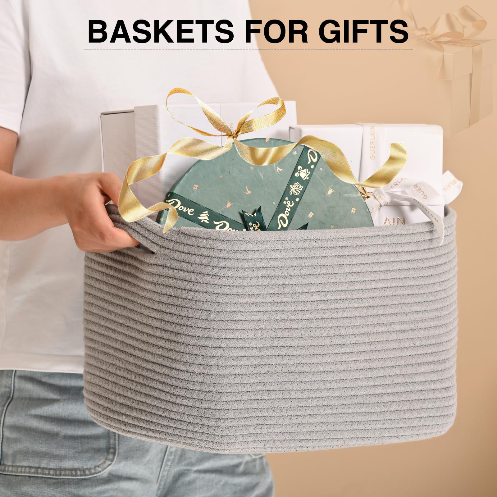 ICERZCZ light-grey basket in living room setup showcases versatile storage.