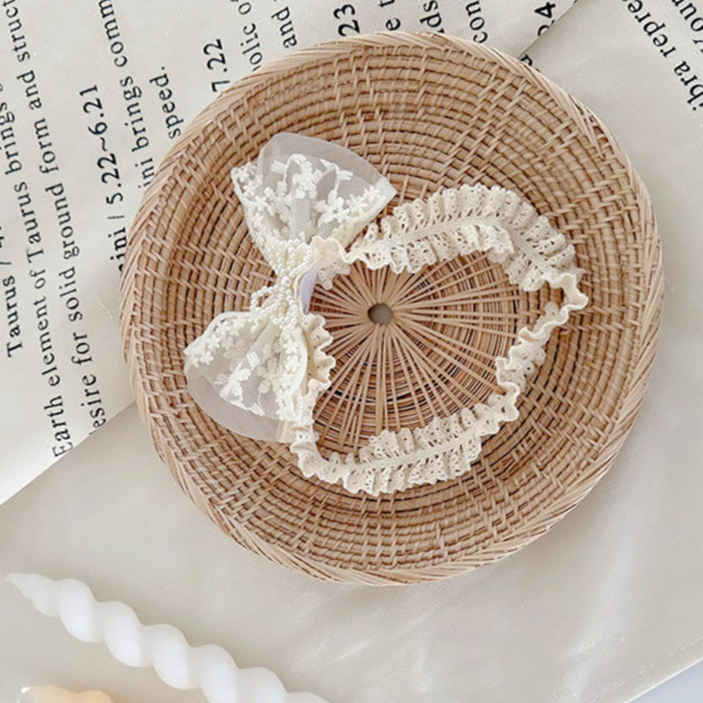 ICKEYOU baby headband with lace and pearls perfect for milestone photos.