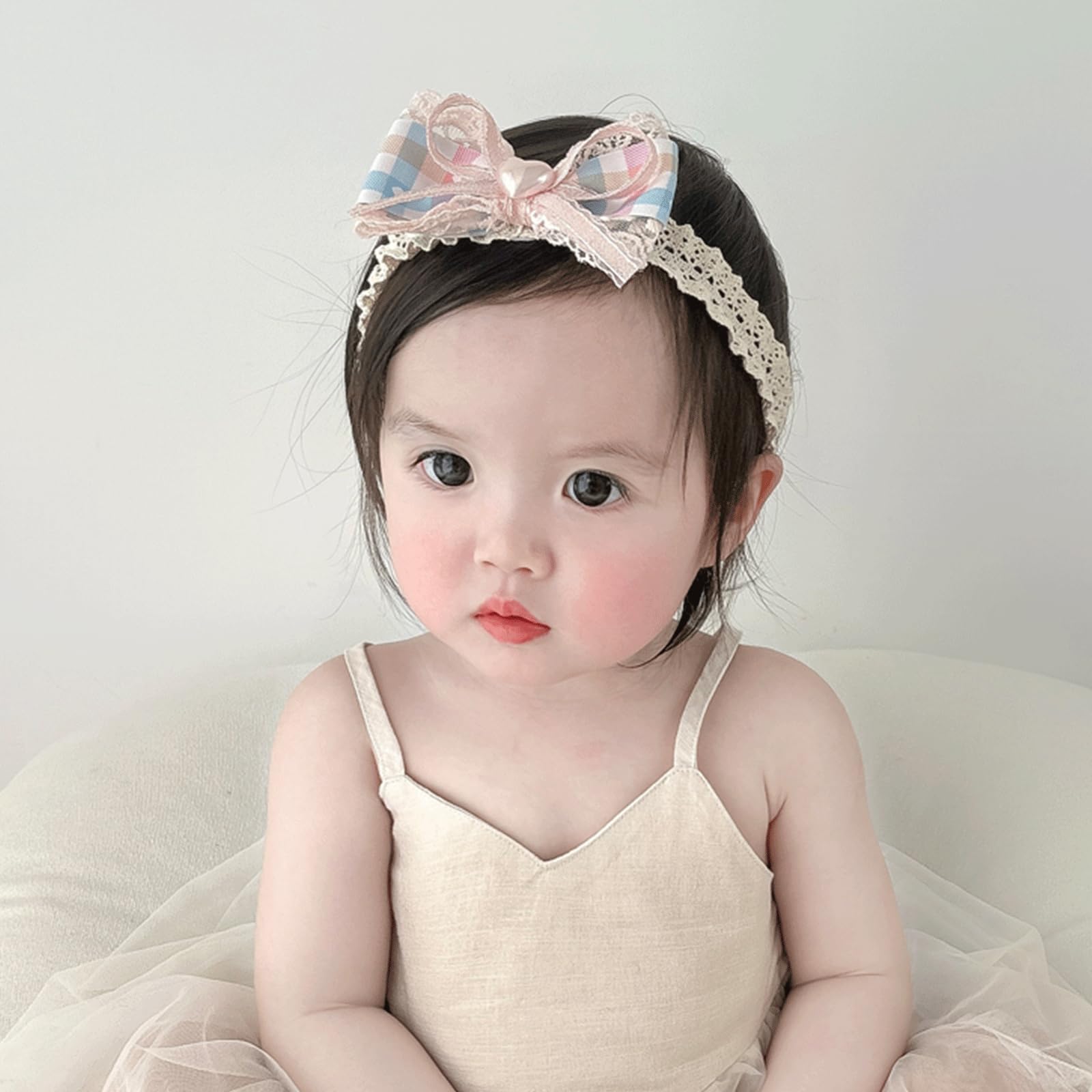 ICKEYOU bowknot headband with lace in pink, gentle on delicate scalp.