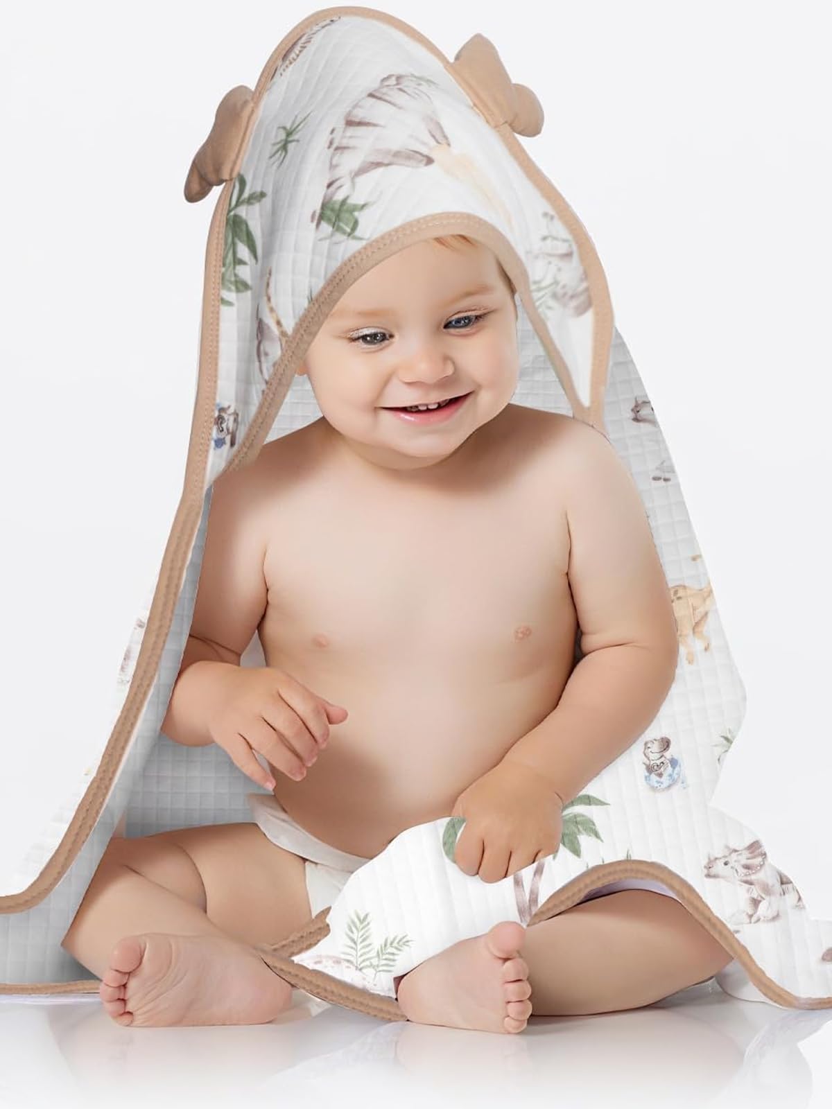 ICKYOU brown dinosaur world hooded towel laid flat, displaying full-body warmth