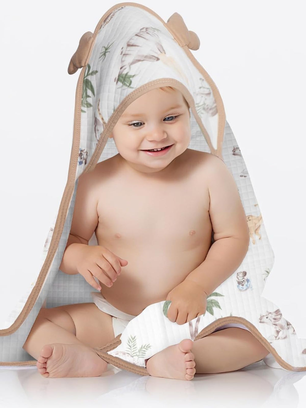 ICKYOU brown dinosaur world hooded towel laid flat, displaying full-body warmth
