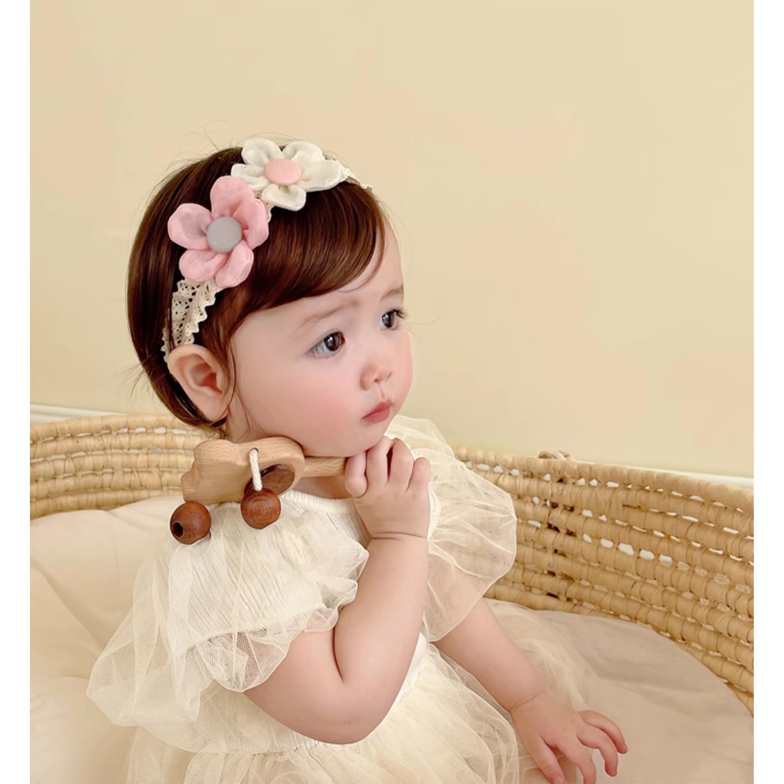 ICKEYOU handmade lace headband with pearls adds a graceful touch for photos.