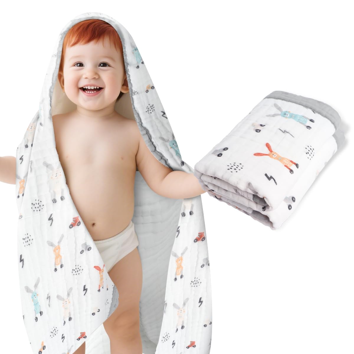 ICKEYOU Muslin Baby Towel grey animal print, large size for full-body drying.