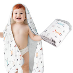 ICKEYOU Muslin Baby Towel grey animal print, large size for full-body drying.