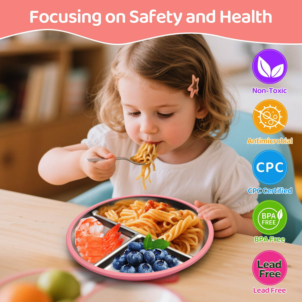 Iconfont stainless steel toddler plate demonstrates durable, safe design for everyday use.