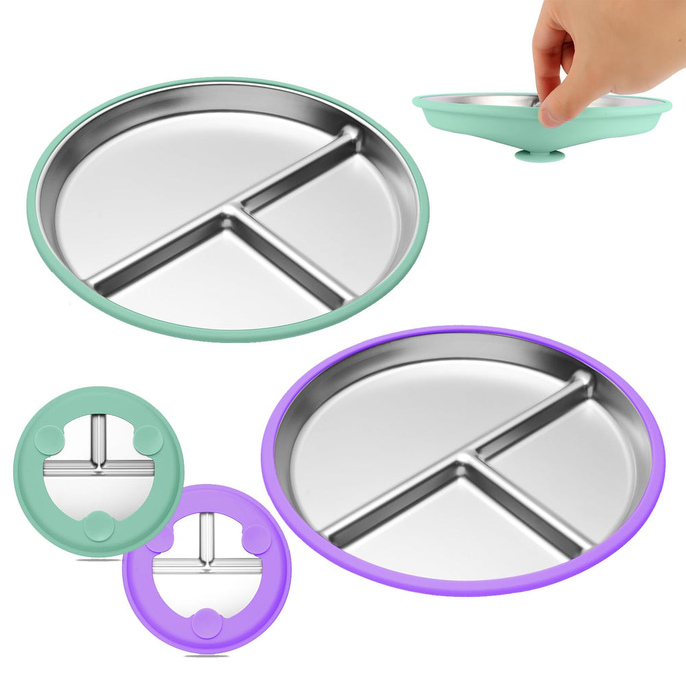 Iconfont suction-base toddler plate anchors to highchairs for tidy meals